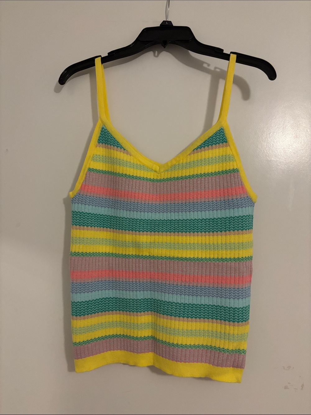 Yellow-Trim Striped Knit Spaghetti Strap Sweater